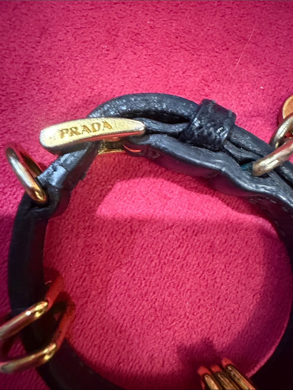 Prada Black Saffiano Leather Bracelet with Gold Disc Charm - Picture 3 of 10